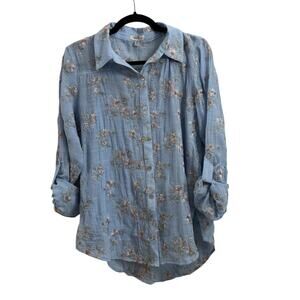 Rose & Everly Embroidered Blue Long Sleeve Button Down Blouse NWT